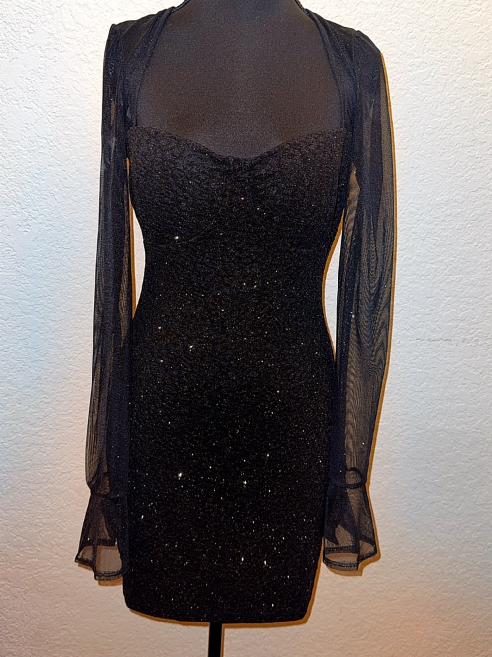Windsor Black Sparkle Mesh-Sleeve Mini Dress